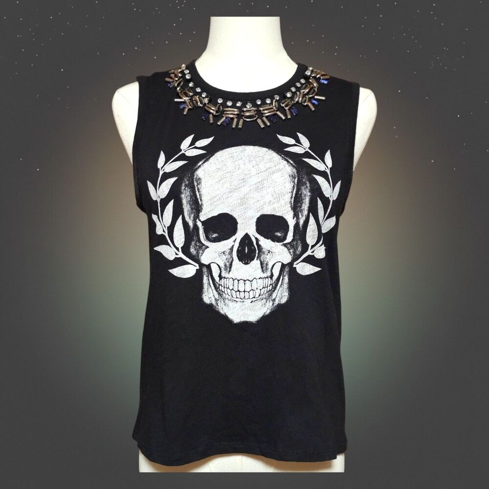 Express Skull Graphic‎ Embellished Necklace Muscle Tank Edgy Rocker Grunge